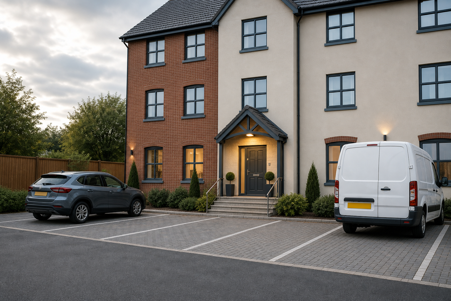 Modern three-storey townhouse with two parked vehicles in front, a white van and a silver SUV, surrounded by trees.