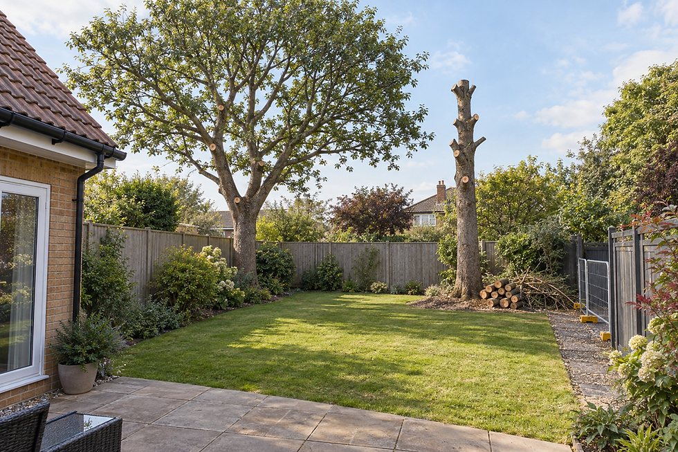 A neatly maintained garden with a large tree and a trimmed tree trunk alongside a brick house and wooden fence.