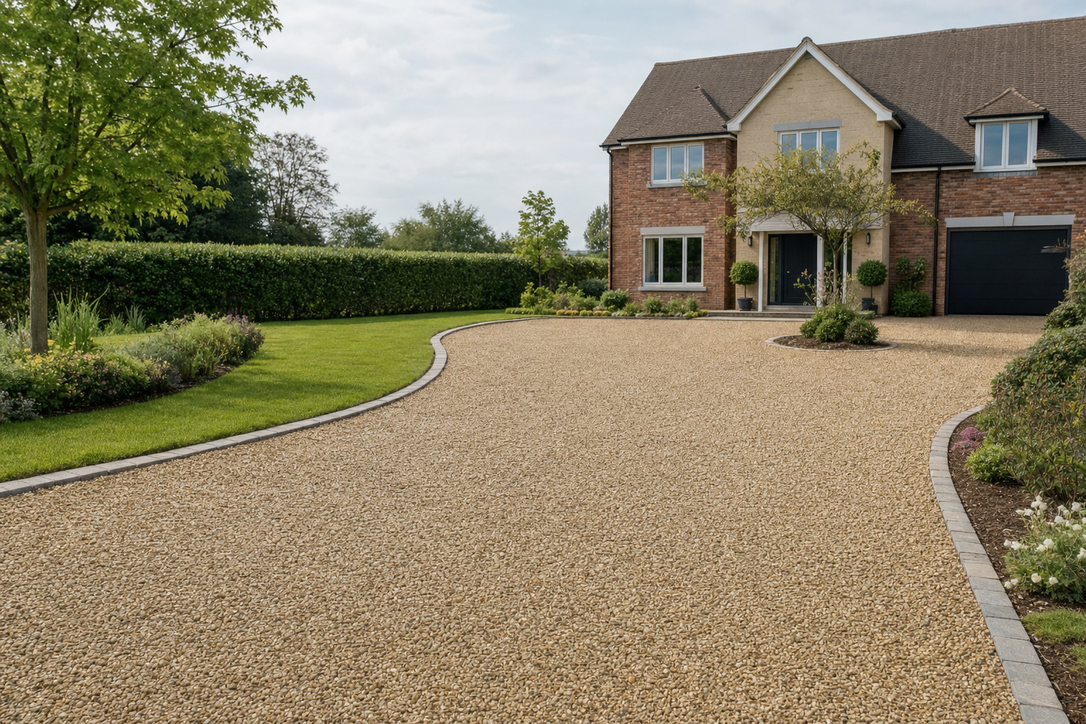 A large gravel driveway leads to a modern brick house surrounded by a well-manicured garden and hedge.