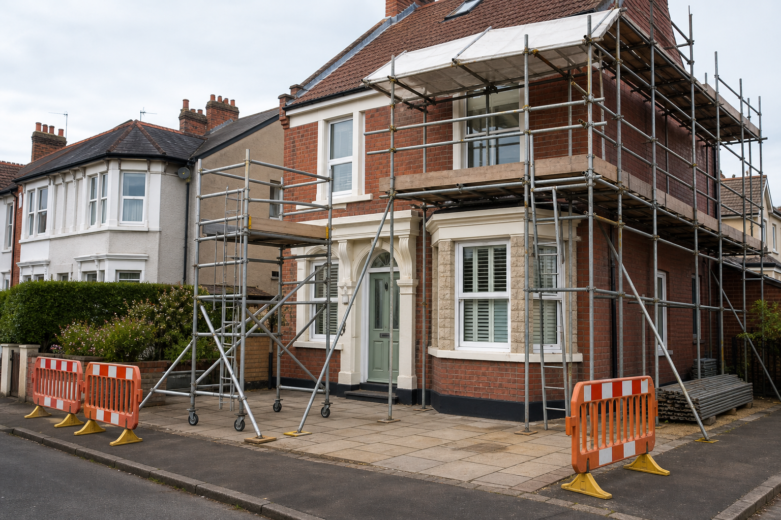Two-story house with red brick facade undergoing renovation with scaffolding and safety barriers.
