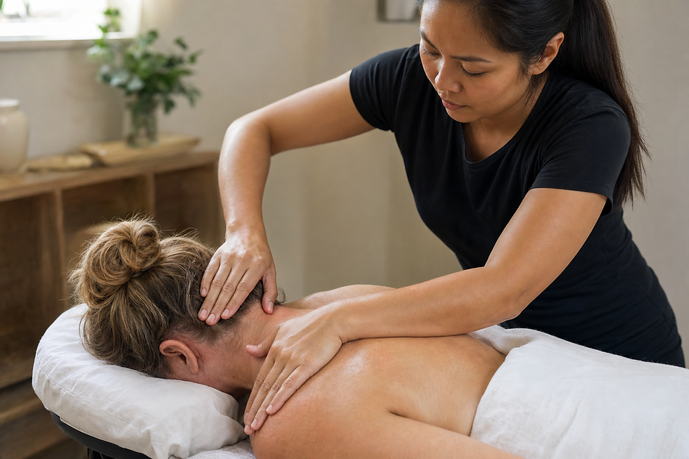 A woman receives a relaxing neck massage from a therapist in a calm spa setting.