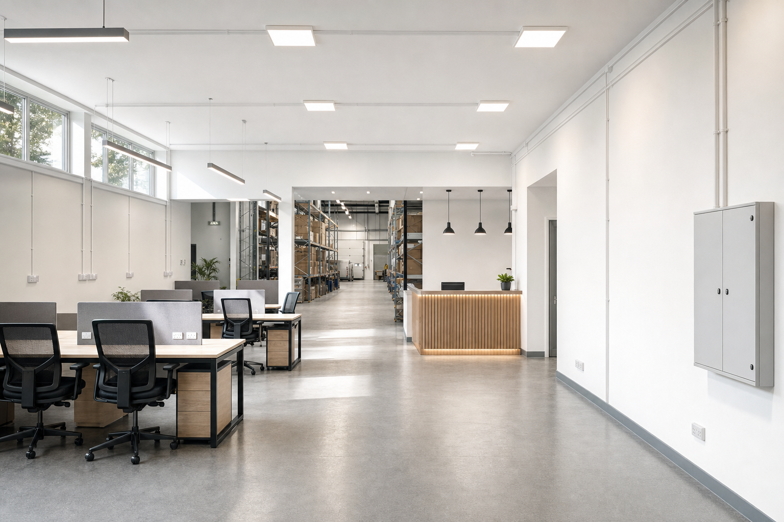 Modern office space with desks in the foreground and a warehouse area in the background.