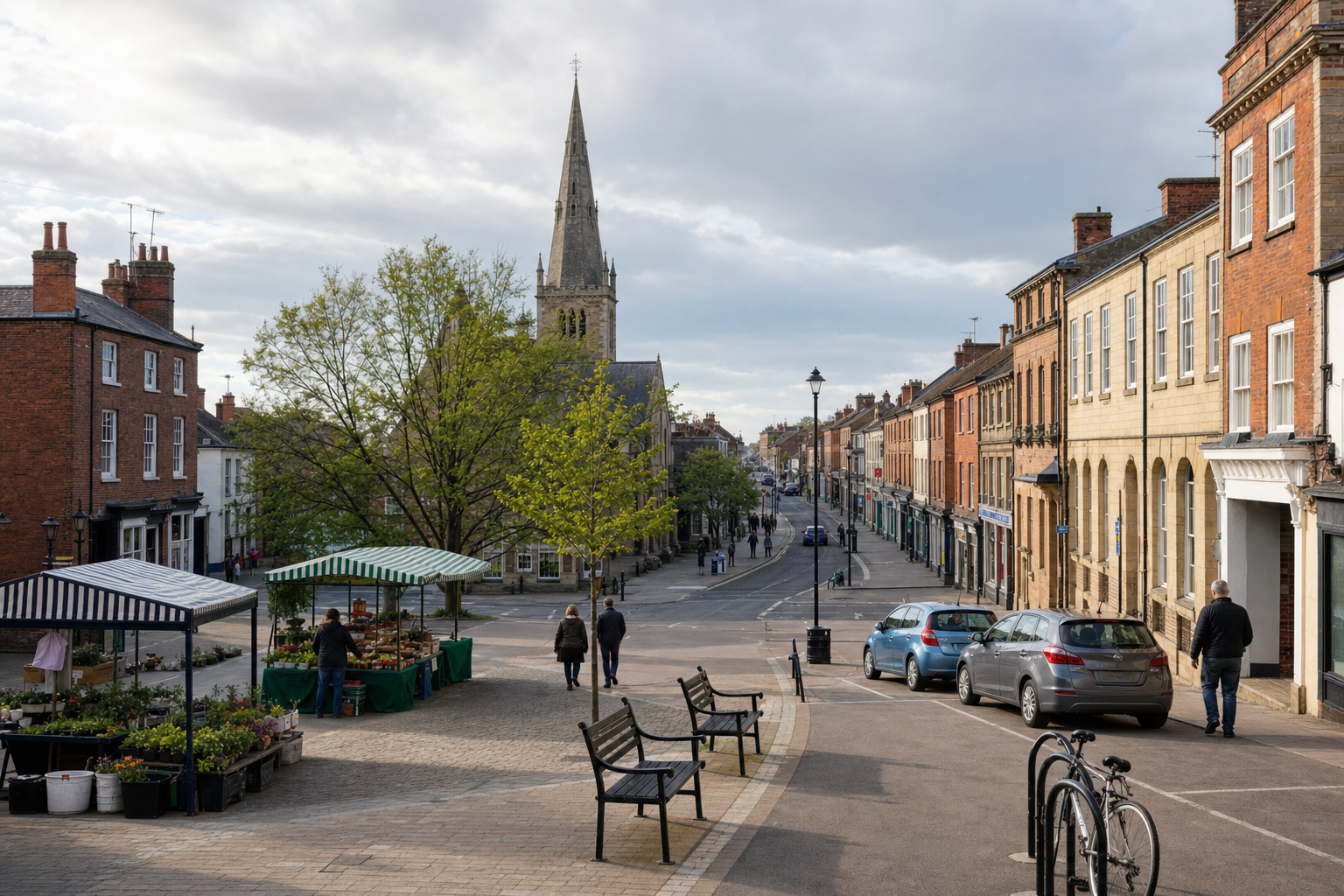 A quaint street scene with market stalls, a tree, and a church spire under a cloudy sky.