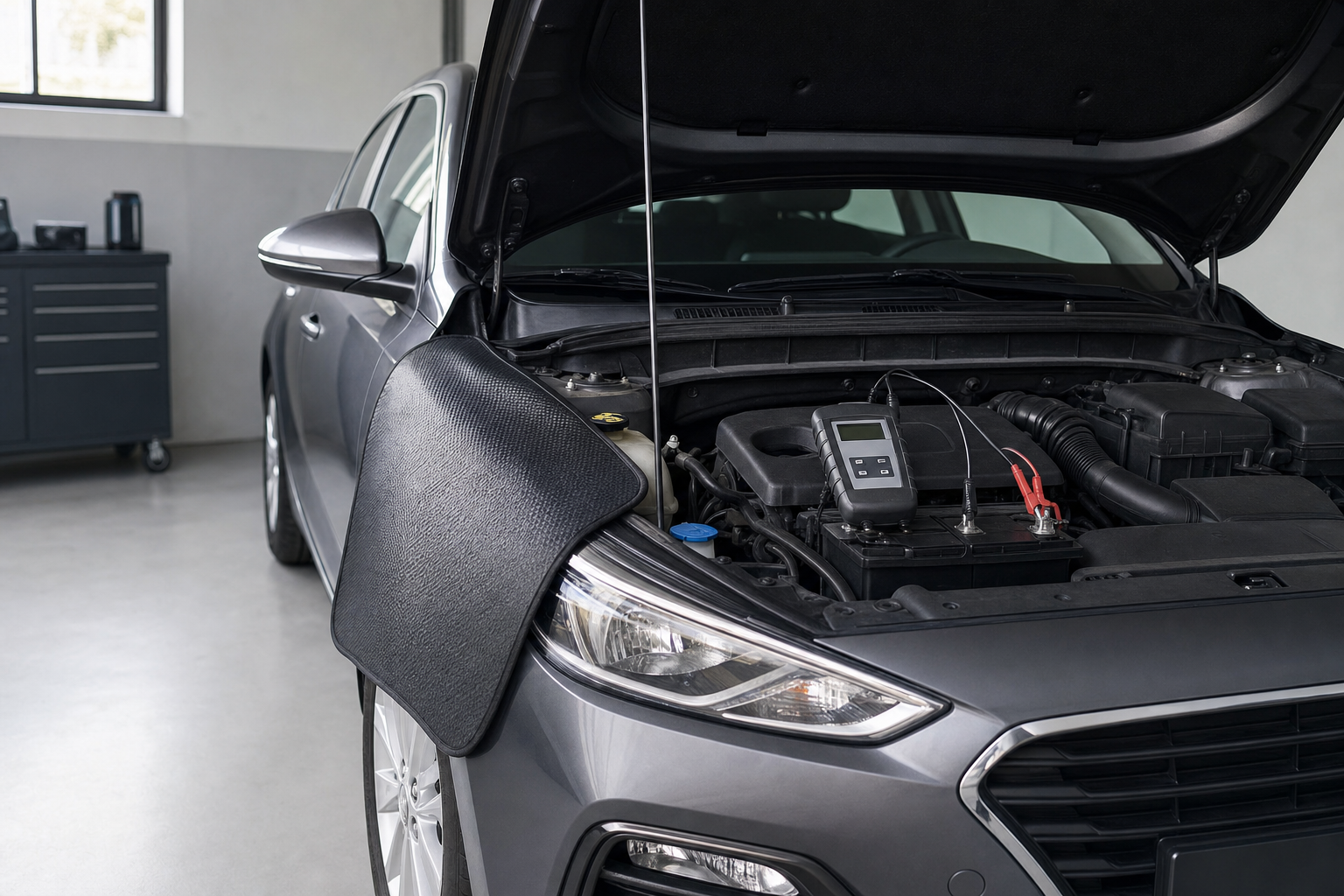 Car in a garage with its bonnet open, showing a diagnostic device connected to the battery.
