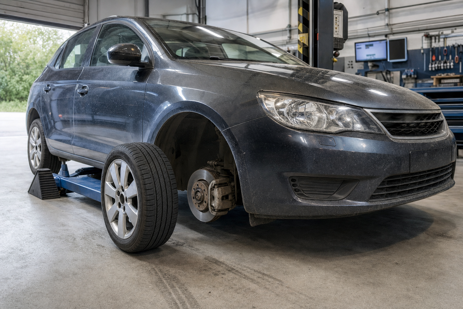 A blue car with a front wheel removed is elevated on a lift in a garage workshop.