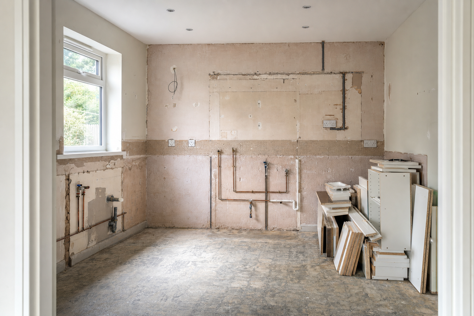 A gutted kitchen under renovation with exposed pipes and stacked cabinetry against unfinished walls.