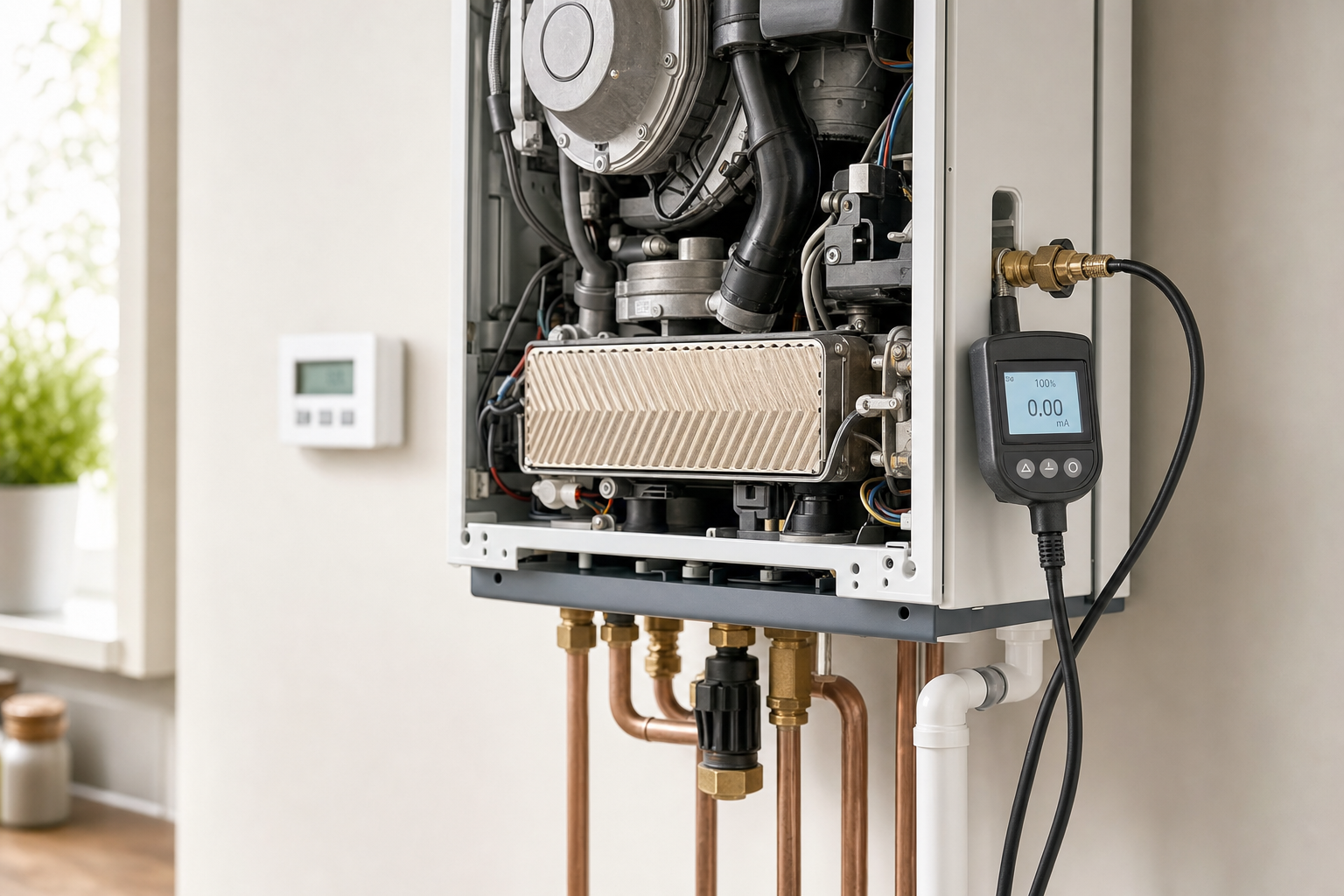Open boiler with exposed components and a digital gauge attached, set against a light kitchen background.