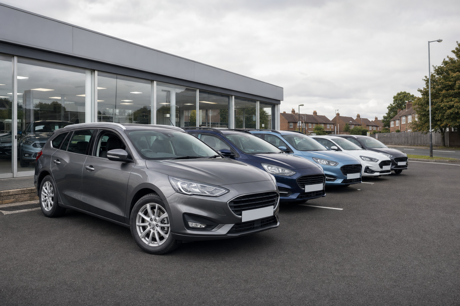 Row of new cars parked in front of a dealership on a cloudy day.