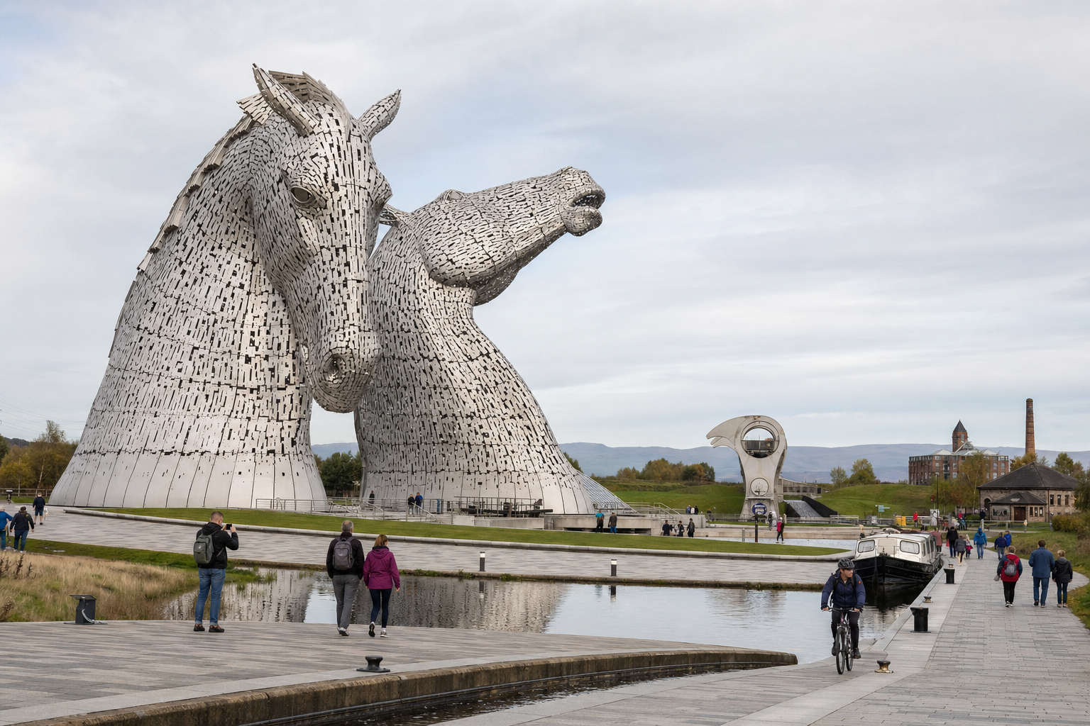 The Kelpies sculptures towering over a canal-side path with people walking and cycling nearby.