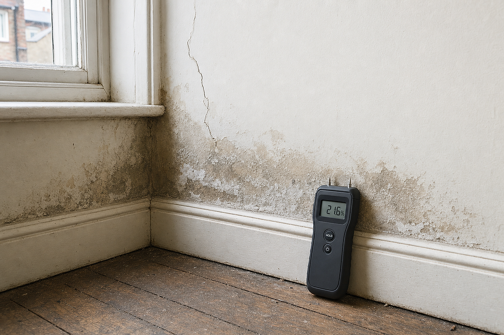 Moisture meter reading 21.6% against a wall with damp and mould near a window.