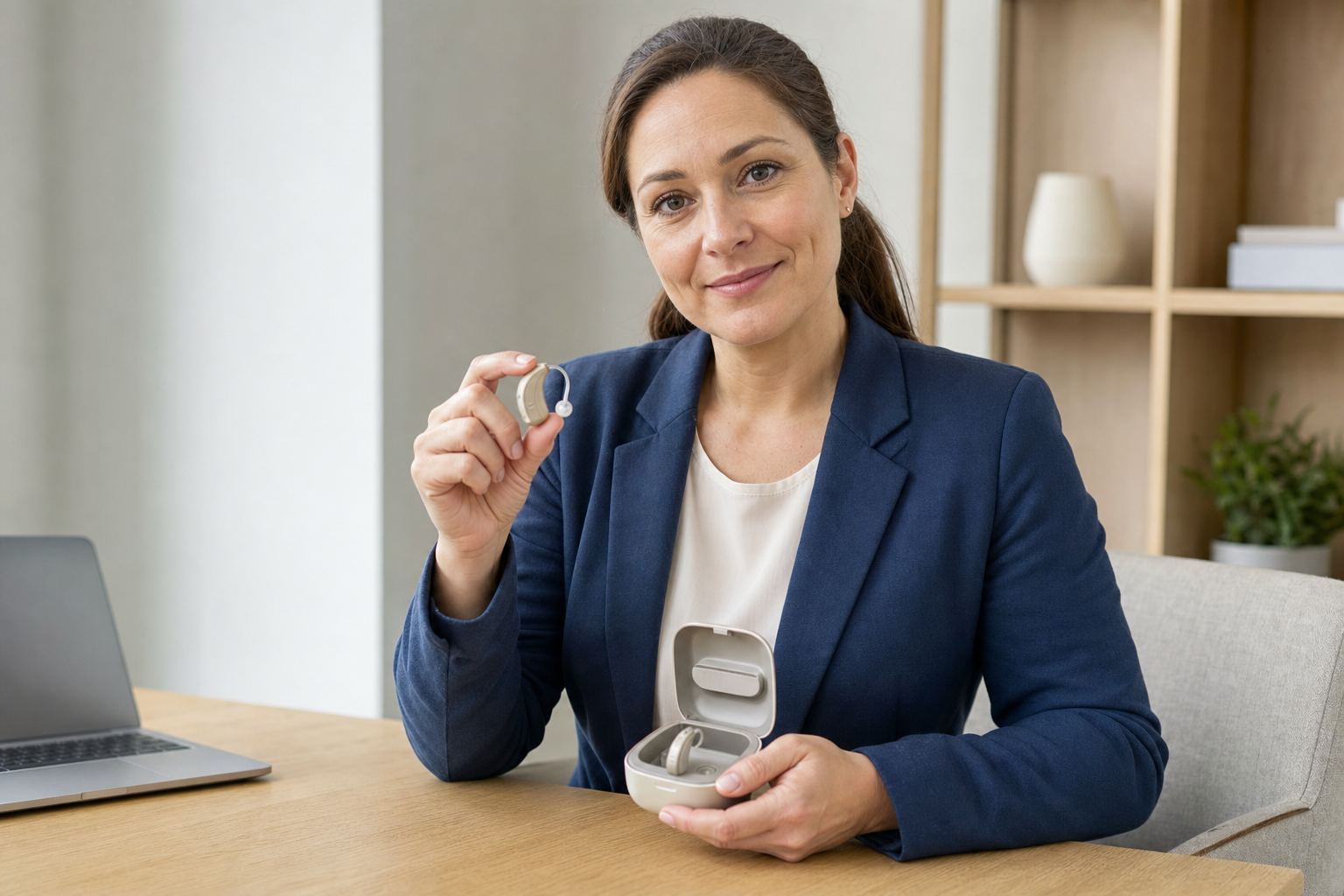 Woman in a blue suit holding a hearing aid device and its charging case at a desk.