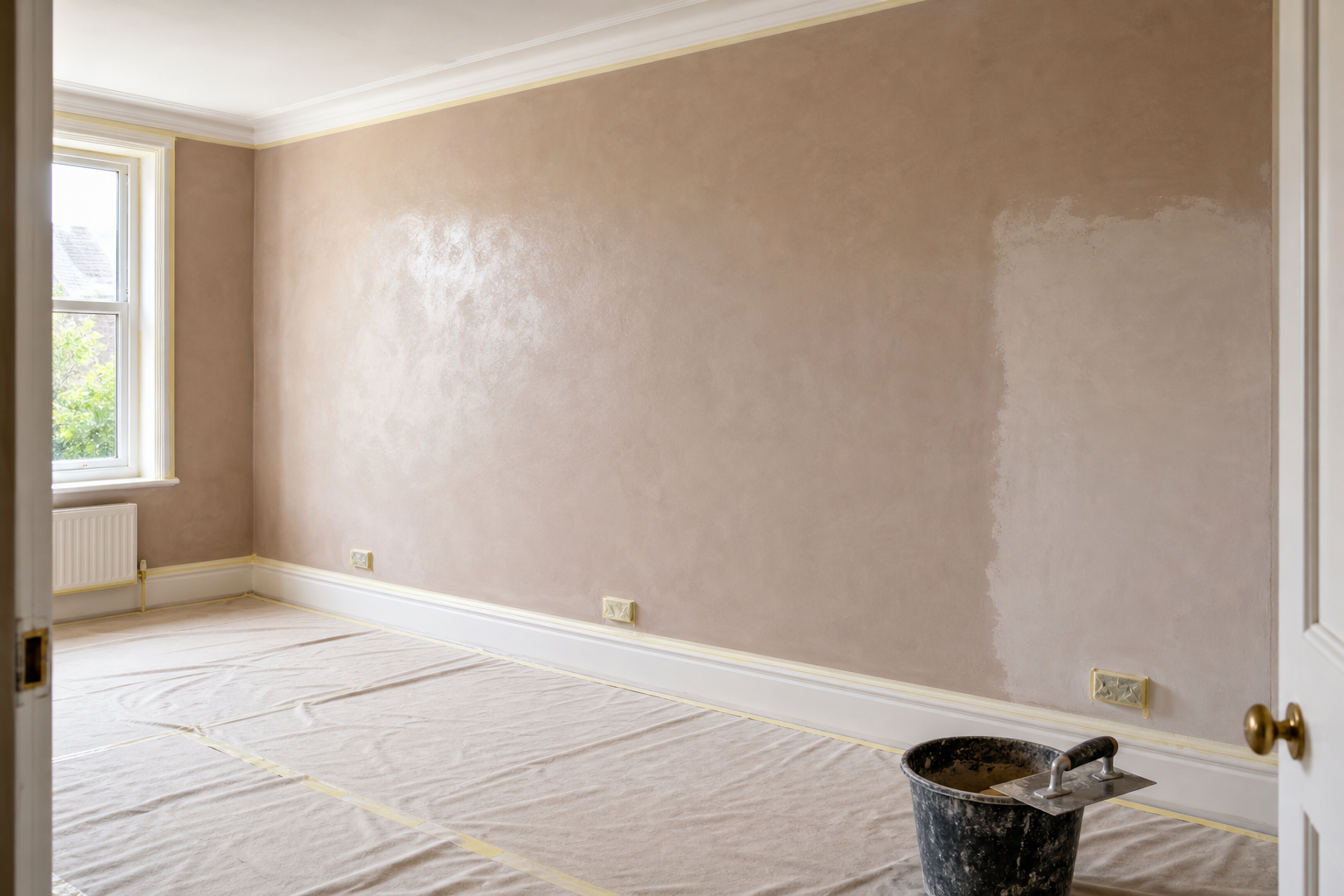 A partially plastered beige wall in an empty room with a bucket and trowel
