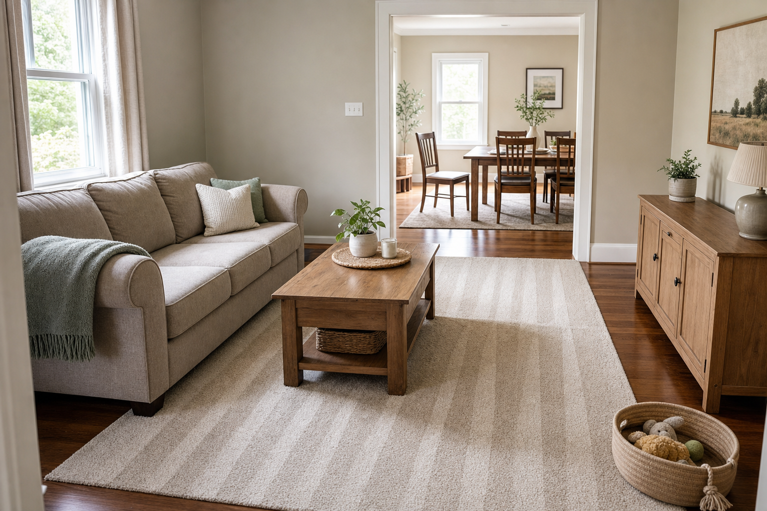 A cosy living room with a beige sofa, wooden coffee table, and view into a dining area.
