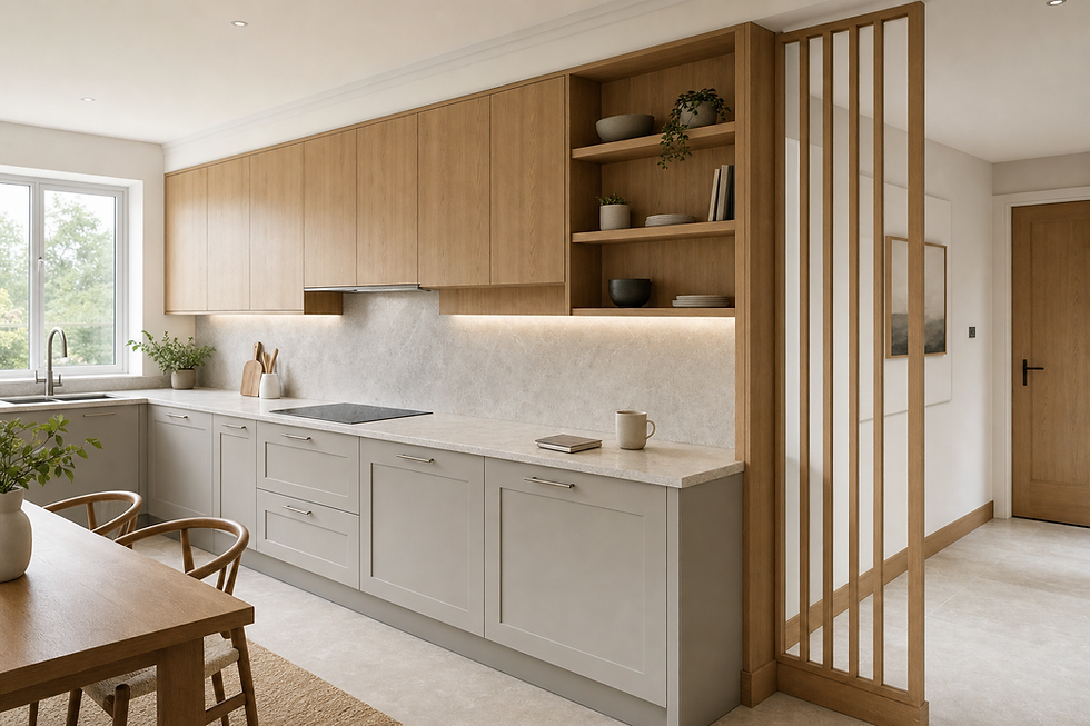 Modern kitchen with light wood cabinets, beige countertops, and open shelves beside a large window.