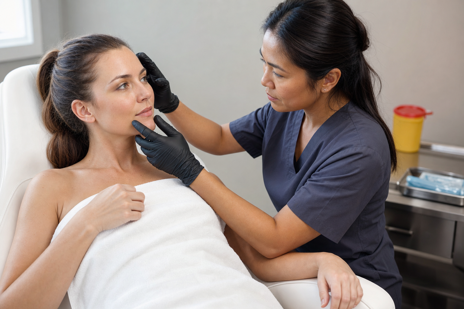 Aesthetic practitioner assessing a client's face during a consultation in a clinic.