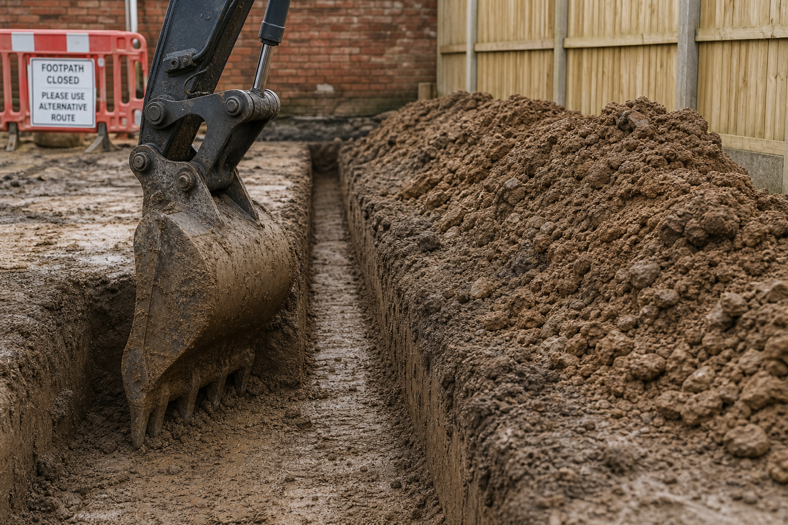An excavator digs a trench next to a wooden fence, with a sign indicating a closed footpath in the background.
