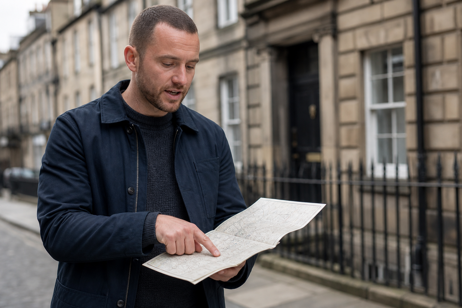 A man wearing a dark jacket points at a map while standing on a city street lined with terrace houses.