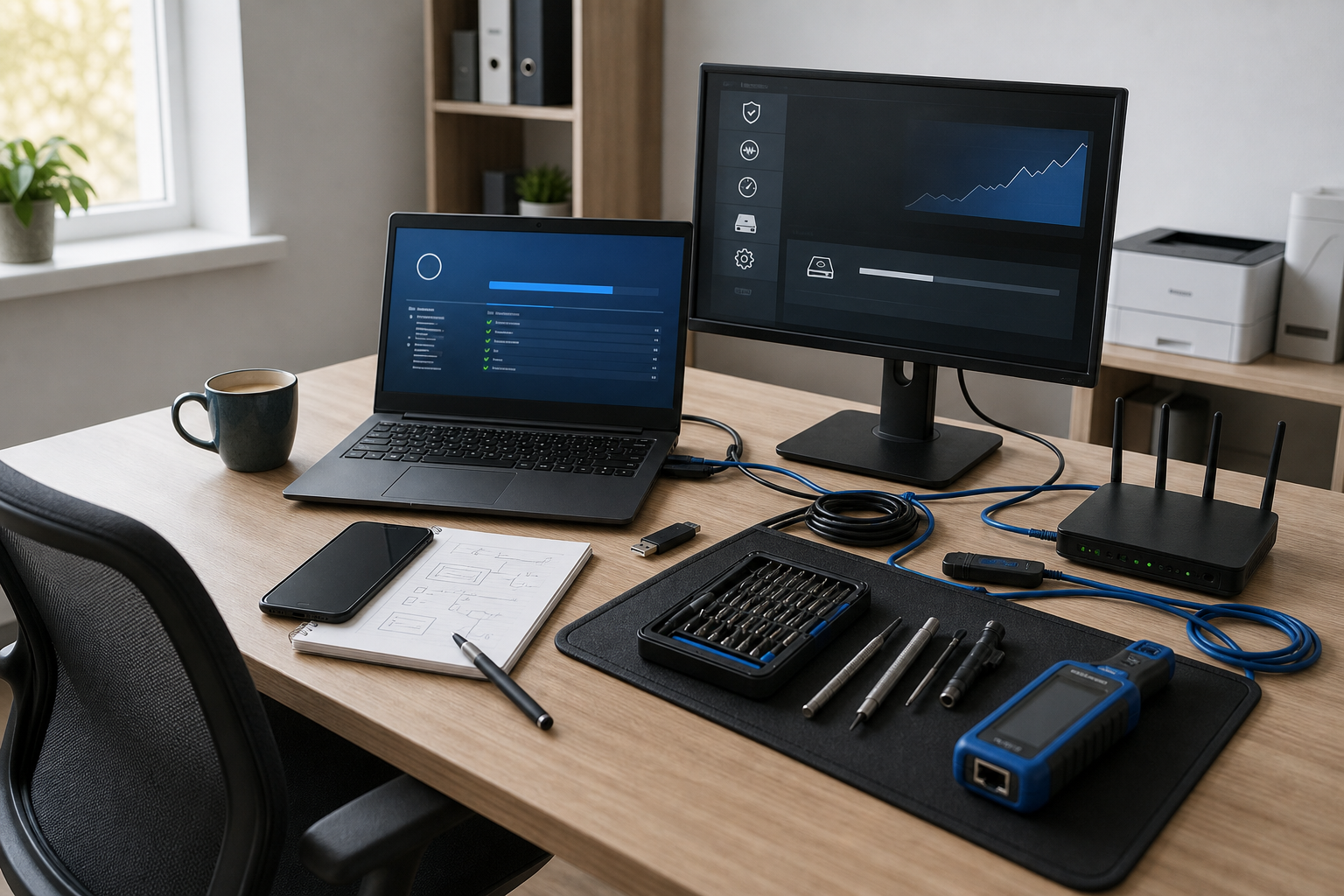 A workspace with a laptop, external monitor, tech tools, and a router on a wooden desk.