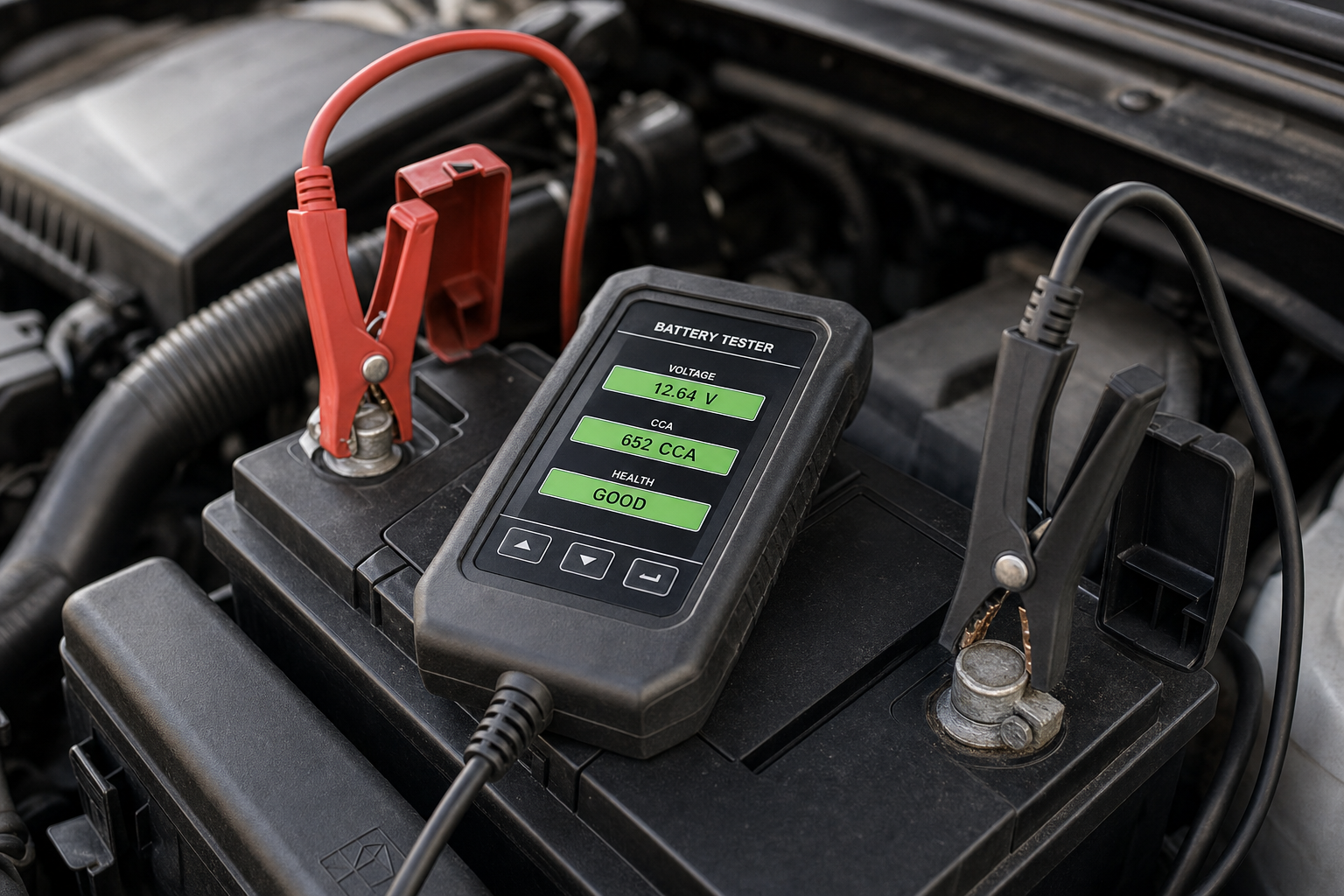 A car battery tester displaying voltage, CCA, and health status connected to a vehicle battery under the bonnet.