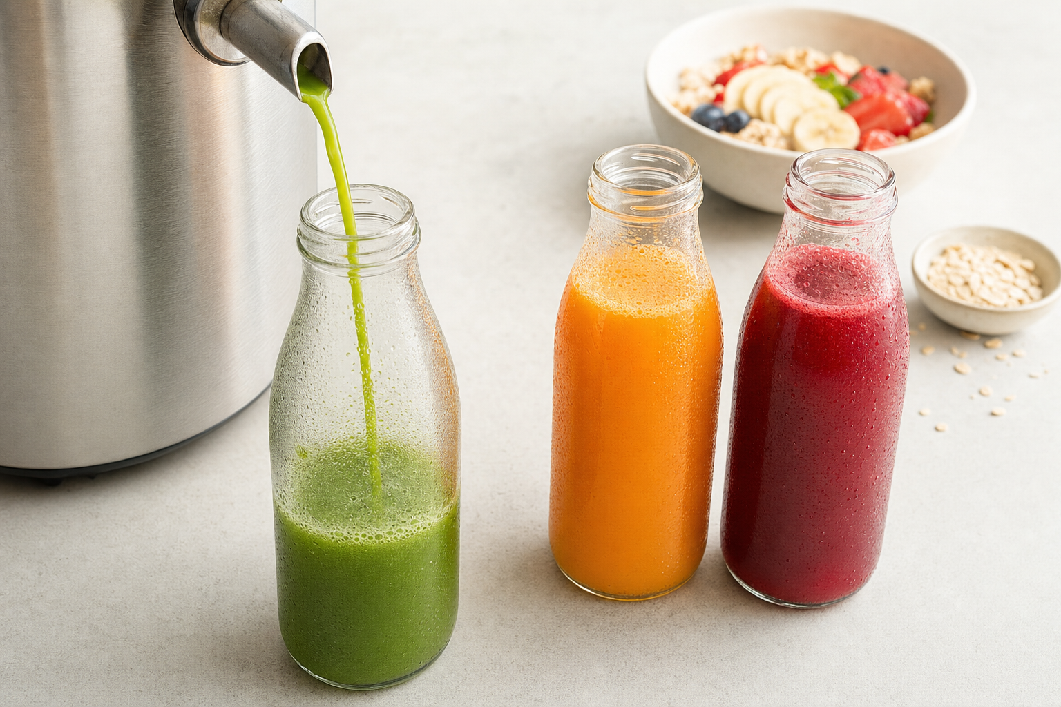 Fresh green juice being poured into a glass bottle beside orange and red juices with a bowl of fruit and oats in the background.