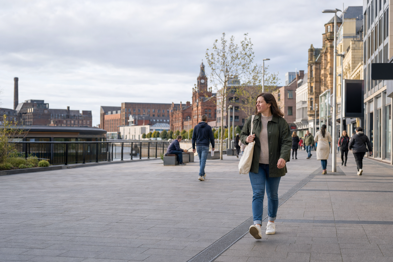 A woman walks along a city street lined with historic buildings and modern shops on a cloudy day.