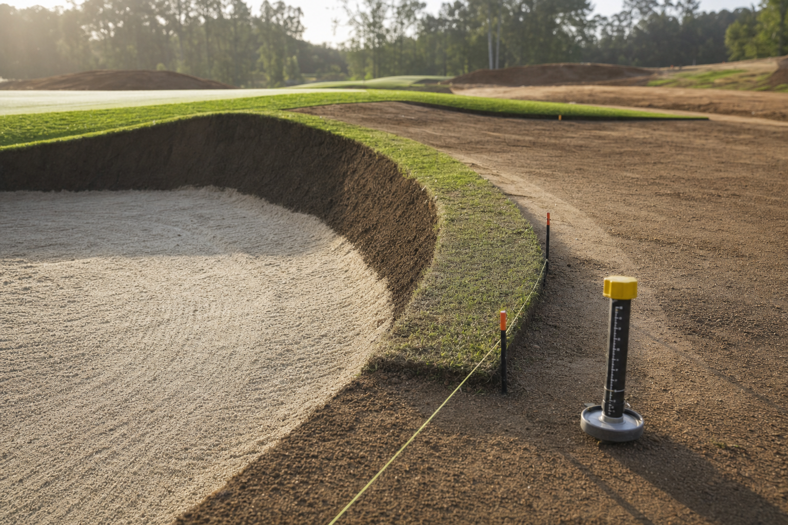 Freshly constructed golf course bunker with a sand base and a measuring device nearby.