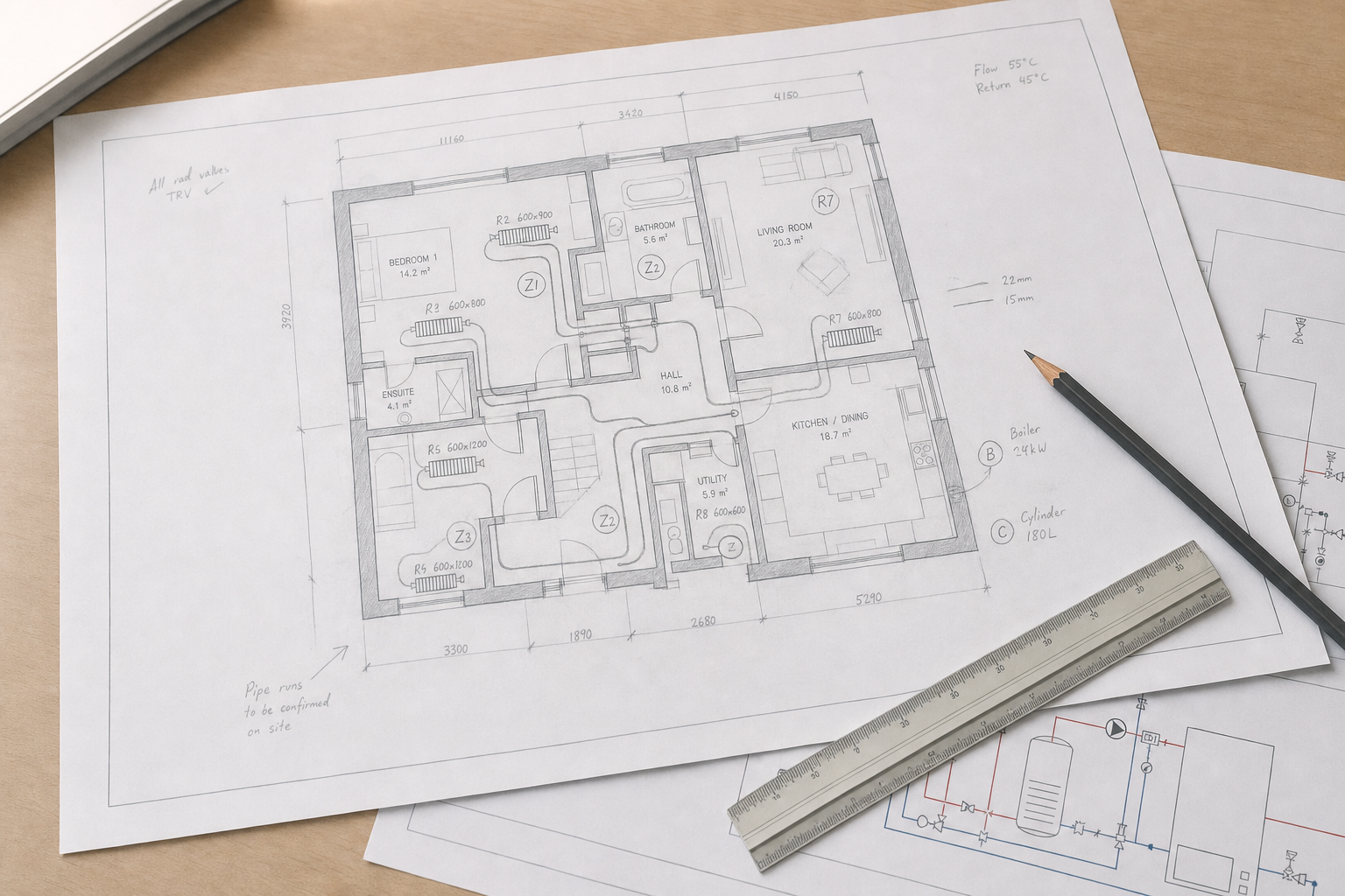 Detailed architectural floor plan with pencil and ruler on a desk.