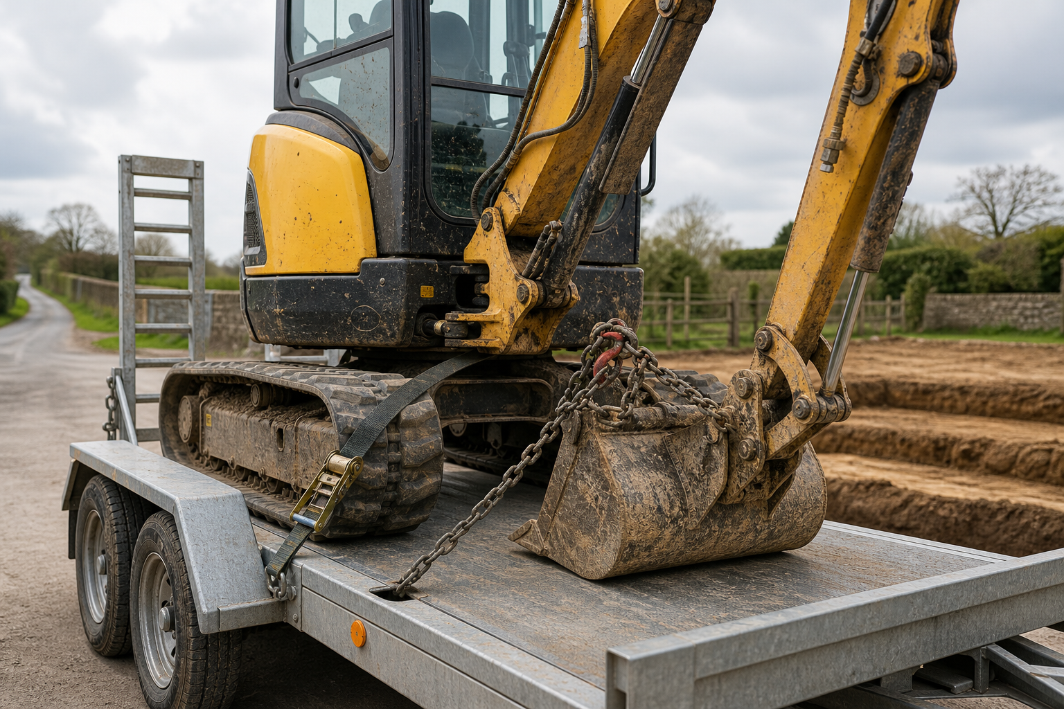 Yellow digger secured on a trailer with chains and straps, parked on a rural road near fields.