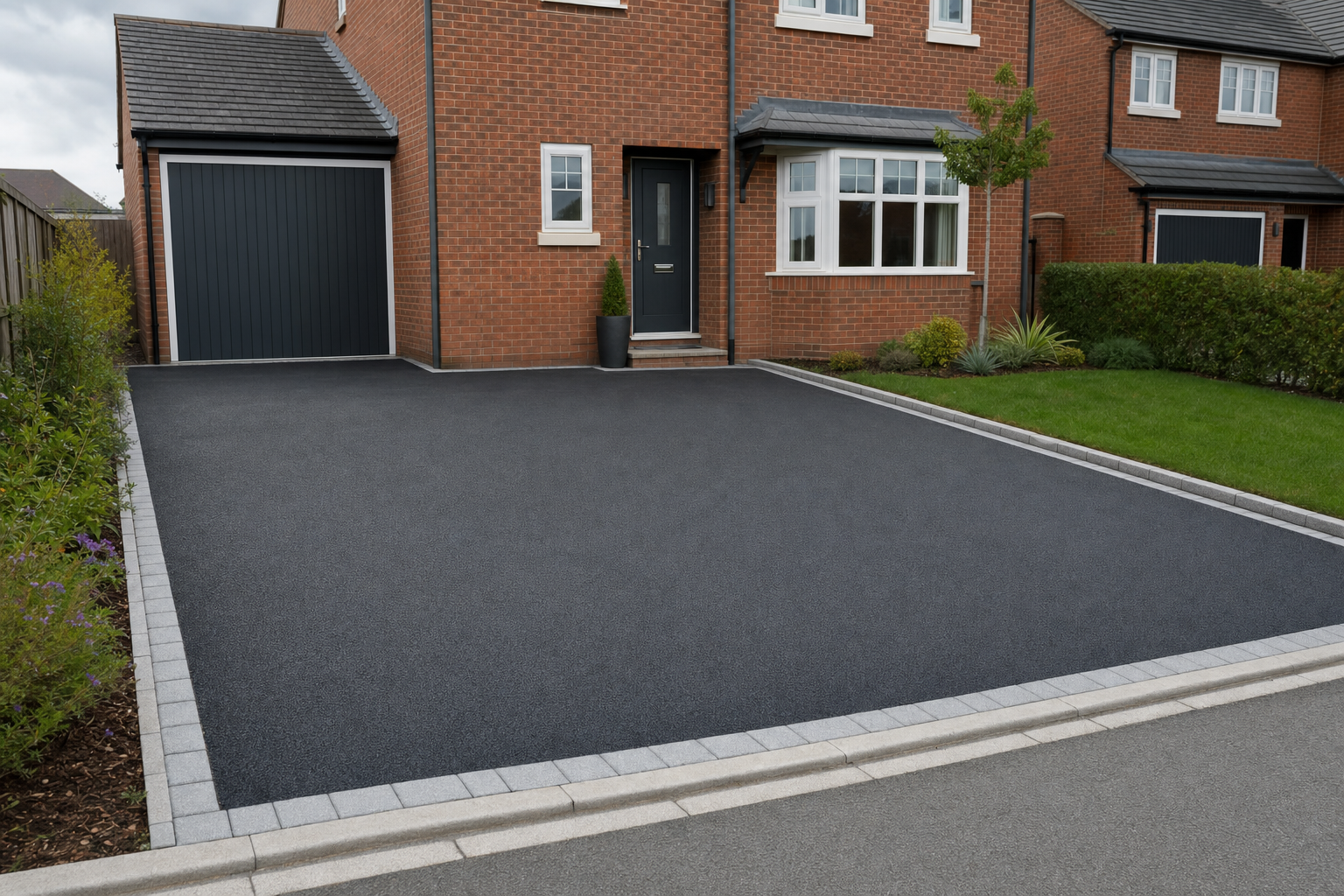 A modern brick house with a freshly paved driveway and well-maintained garden.