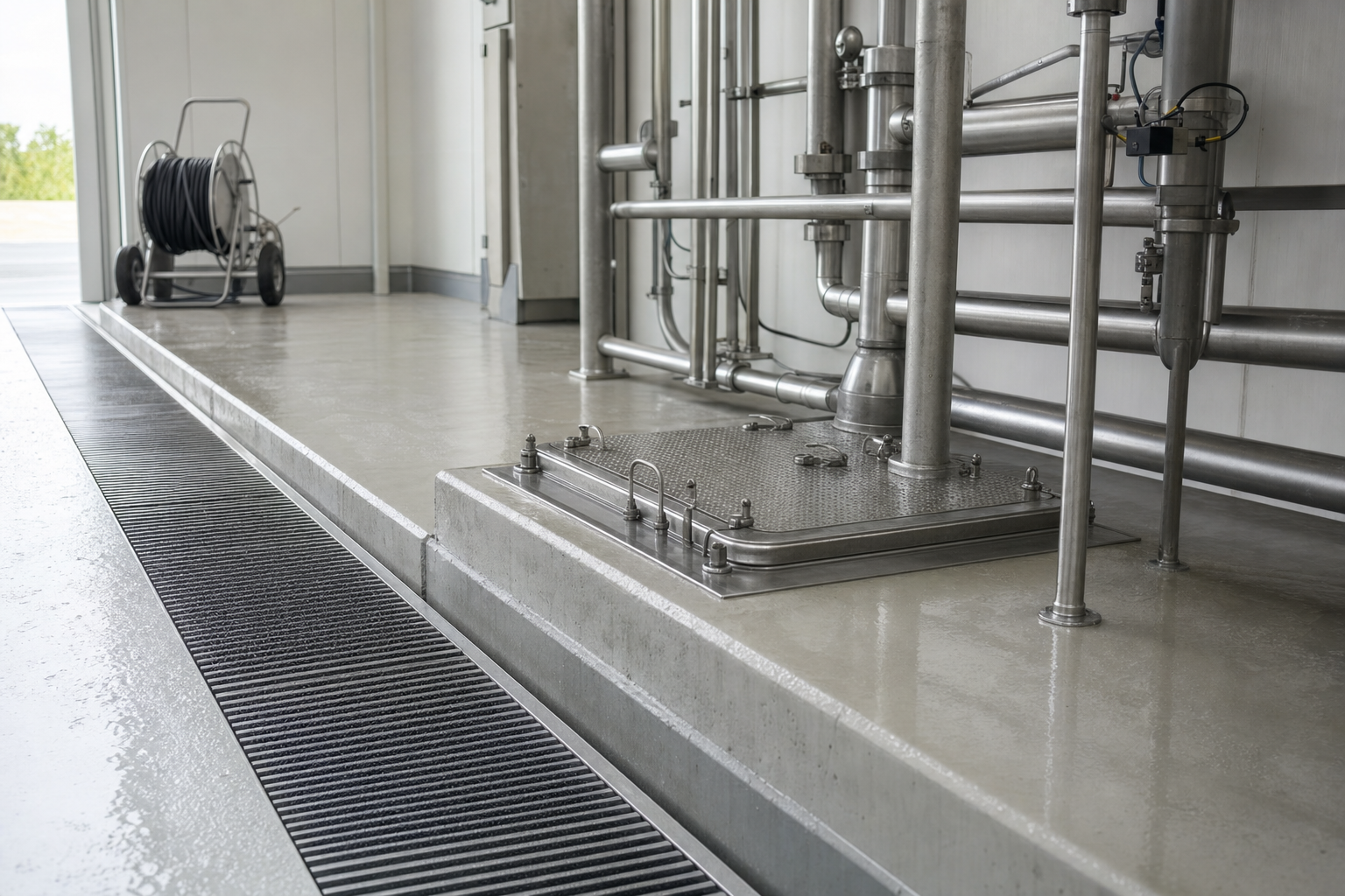 Industrial setting with metal pipes and a hose reel on a wet concrete floor.
