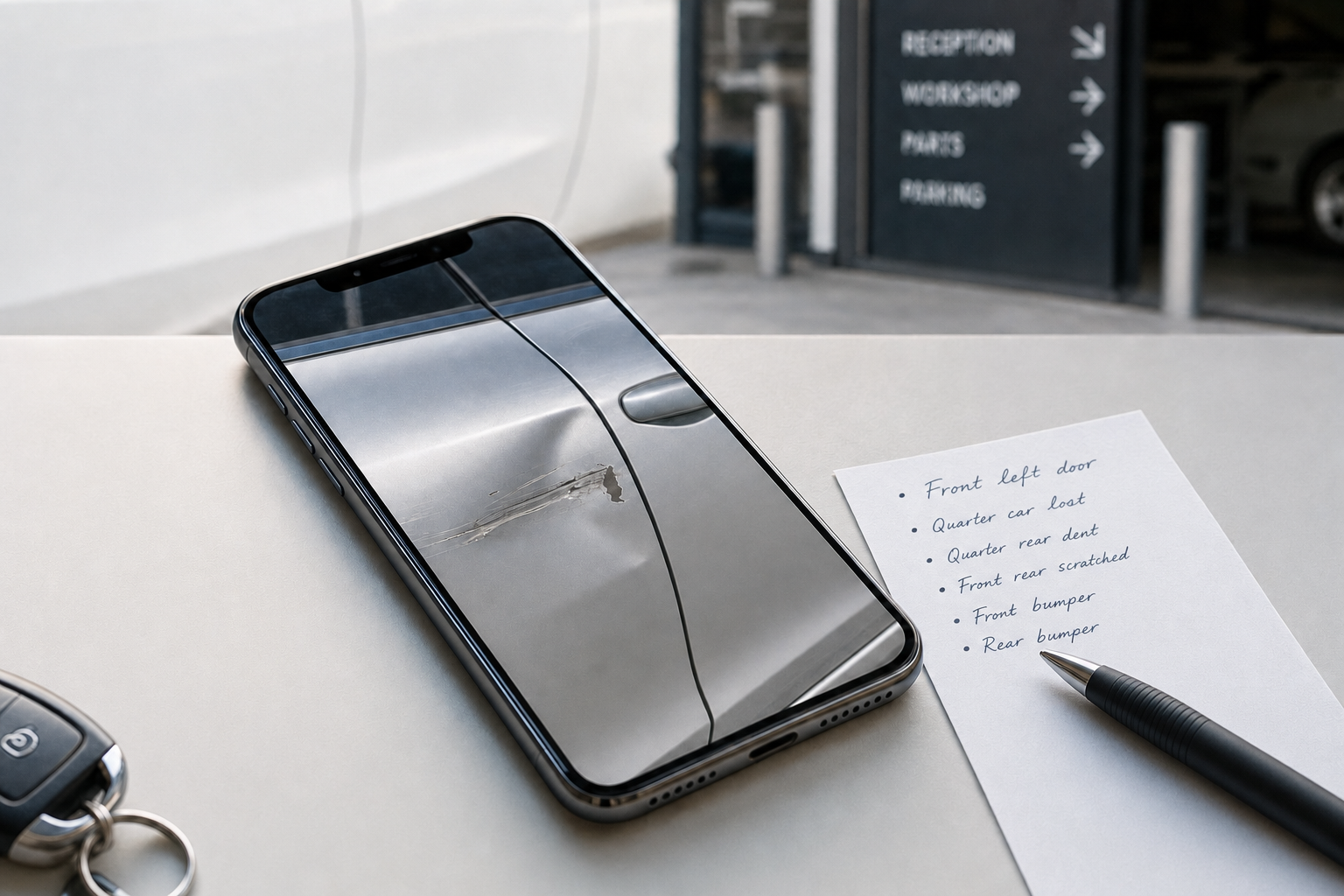 Smartphone displaying a scratched car door, with a repair list and car key nearby.