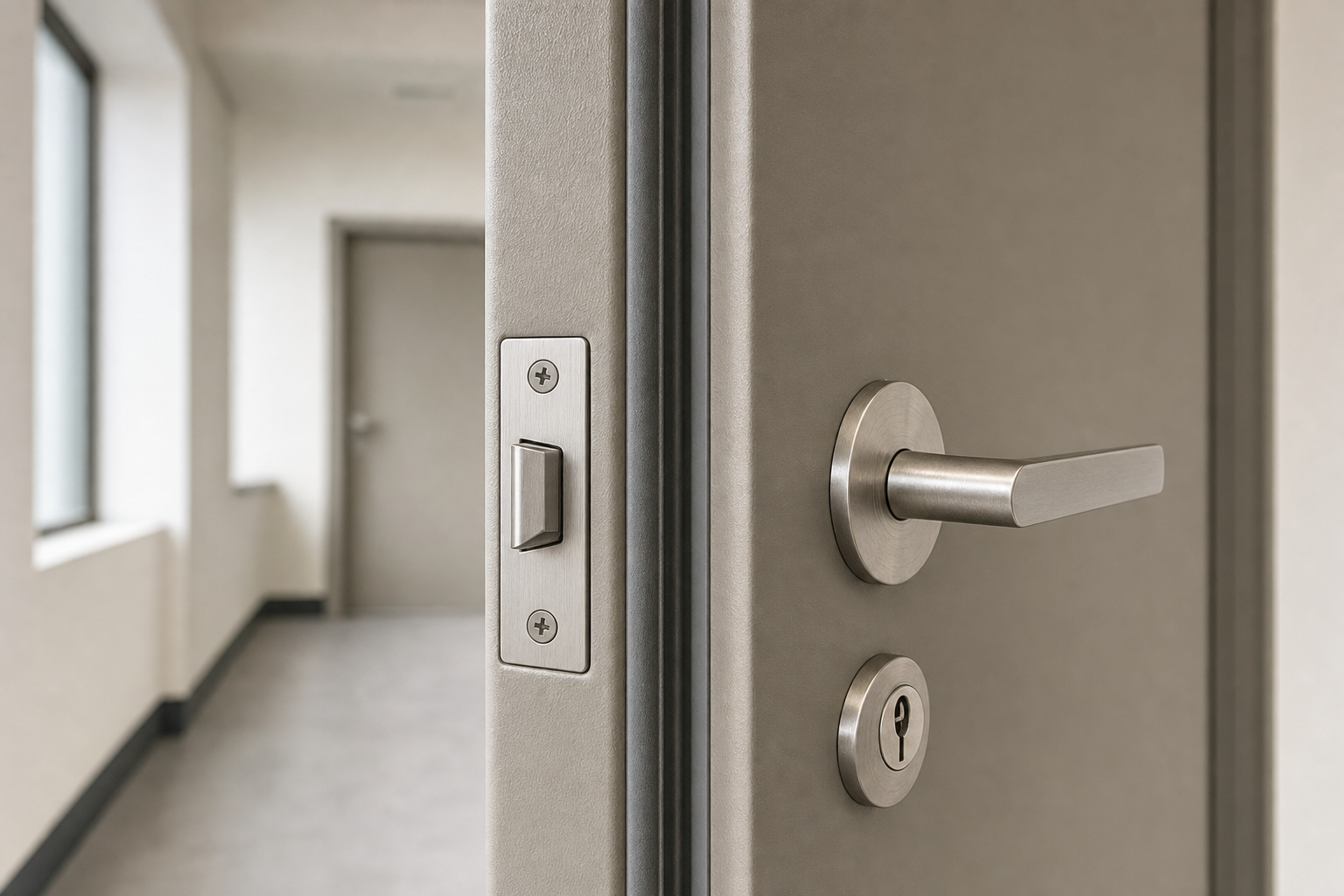 Metal door handle and lock on an open modern light grey door in a bright hallway.
