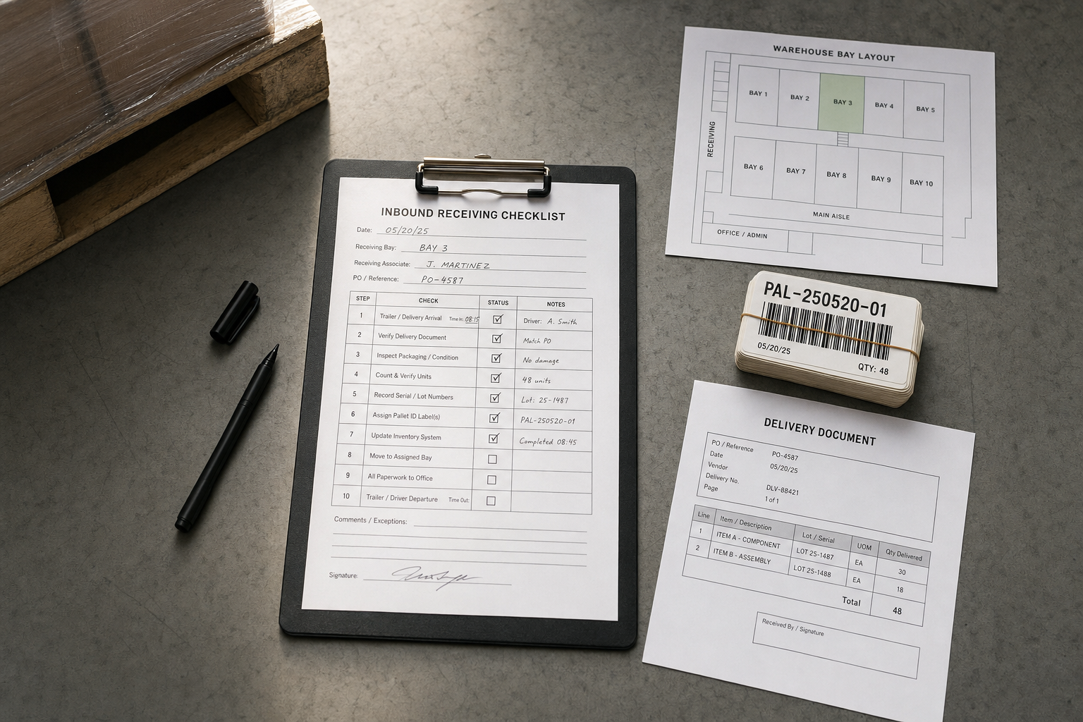 Warehouse checklist and delivery documents on a clipboard beside a pen, a stack of labels, and a bay layout sheet.