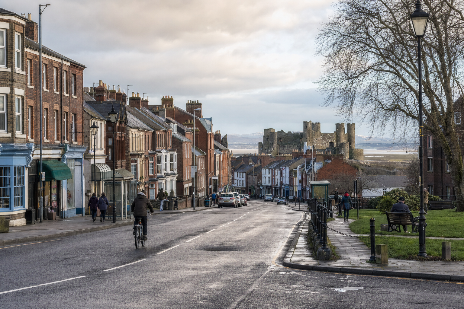 A cyclist rides down a quiet street lined with terraced houses, leading to a historic castle in the distance.