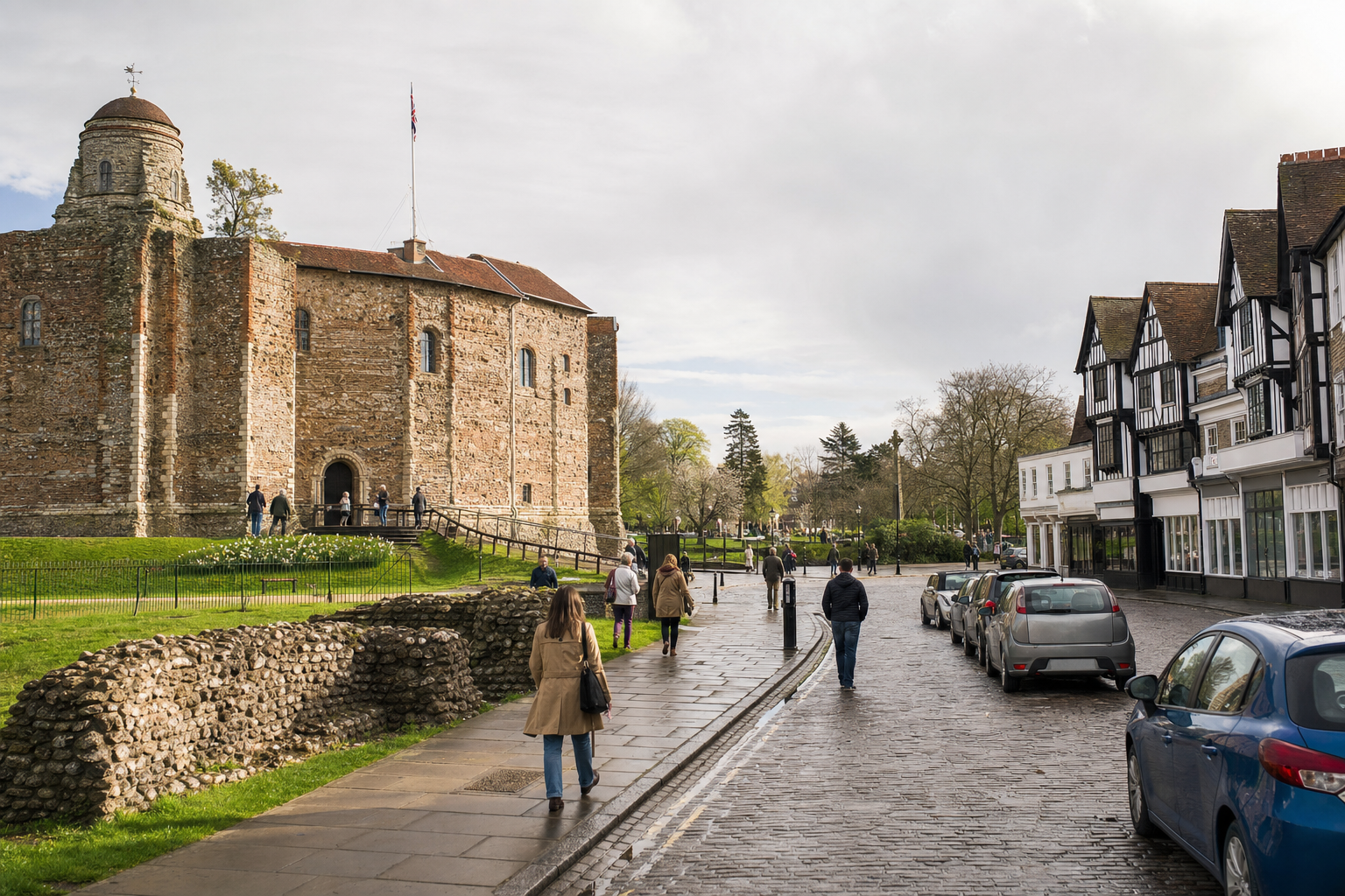 People walking on a cobbled street beside a historic castle and traditional half-timbered houses.