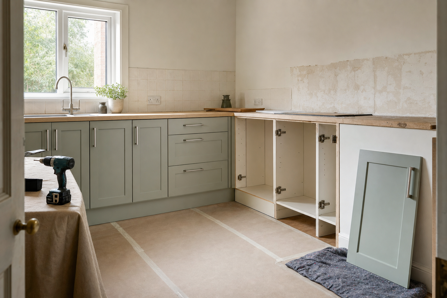 Kitchen undergoing refurbishment with partially assembled cabinets and a power drill on a covered table.