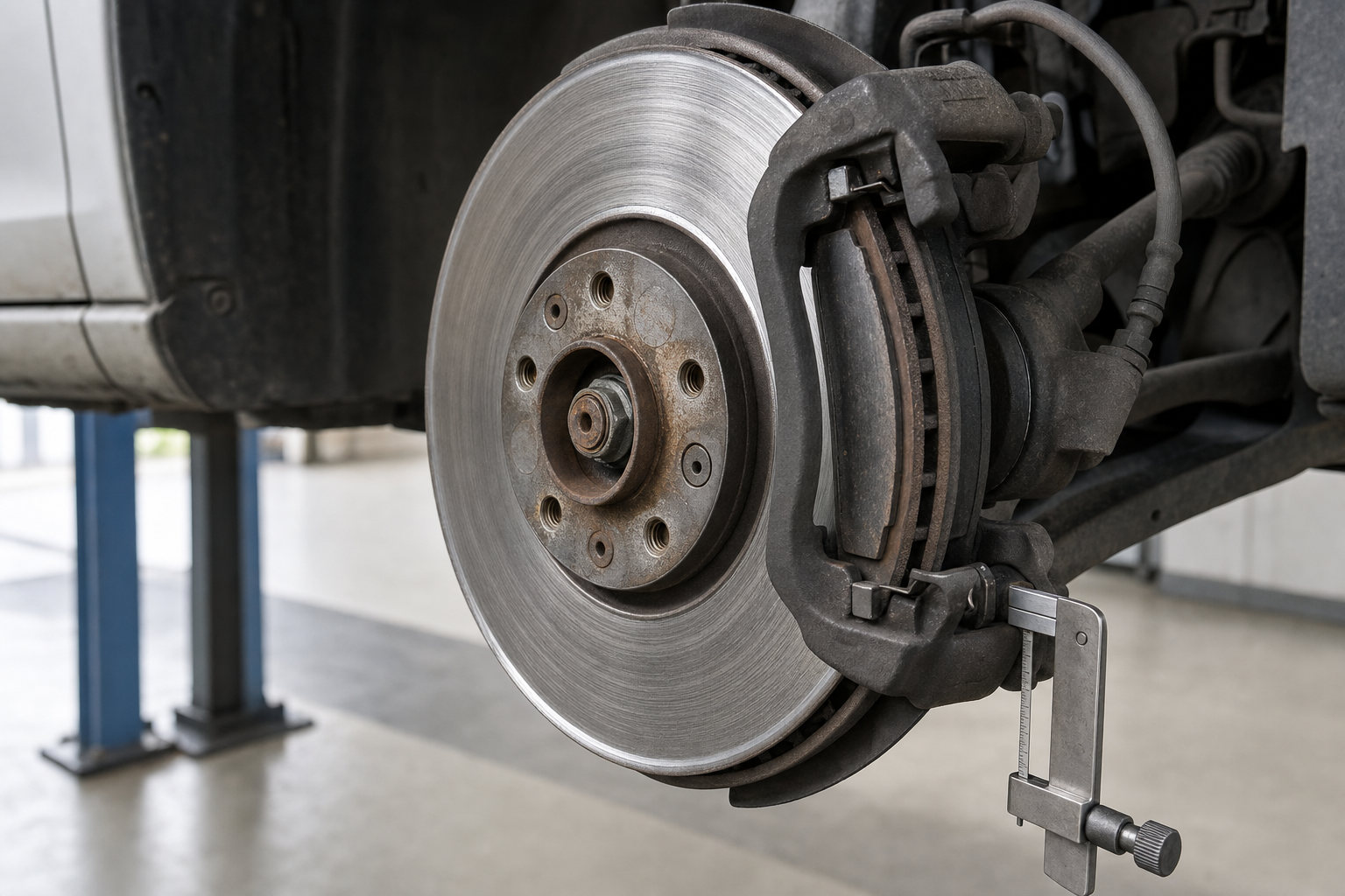 Close-up of a car brake disc and caliper with measuring tool attached in a workshop setting.