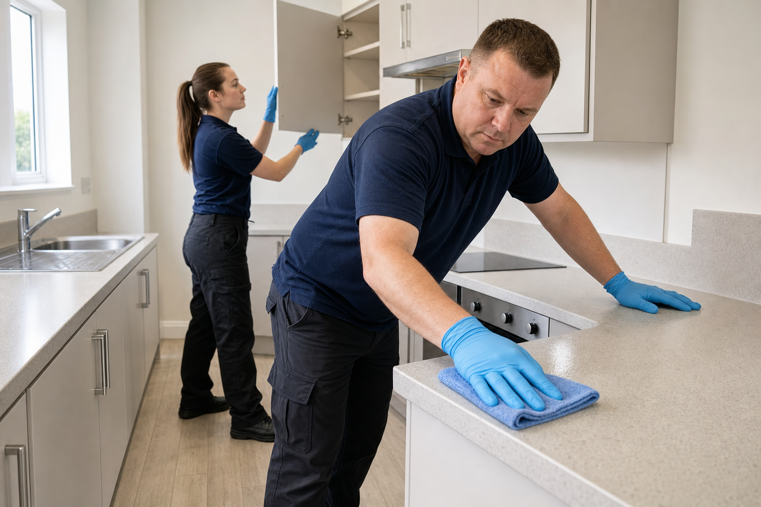Two cleaners wearing blue gloves tidy a modern kitchen, with one wiping the counter and the other organising a cupboard.