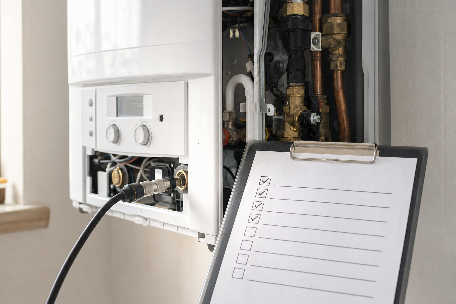 Gas boiler undergoing maintenance with an attached hose and a checklist on a clipboard.