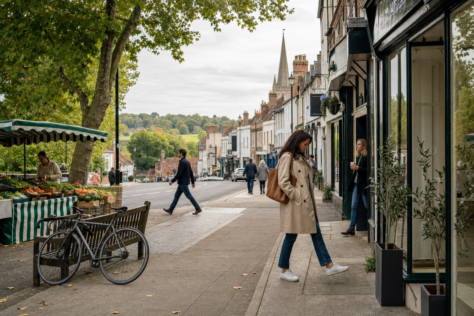 Woman in a trench coat walking past shopfronts on a quaint village high street with a market stall and a parked bicycle nearby.