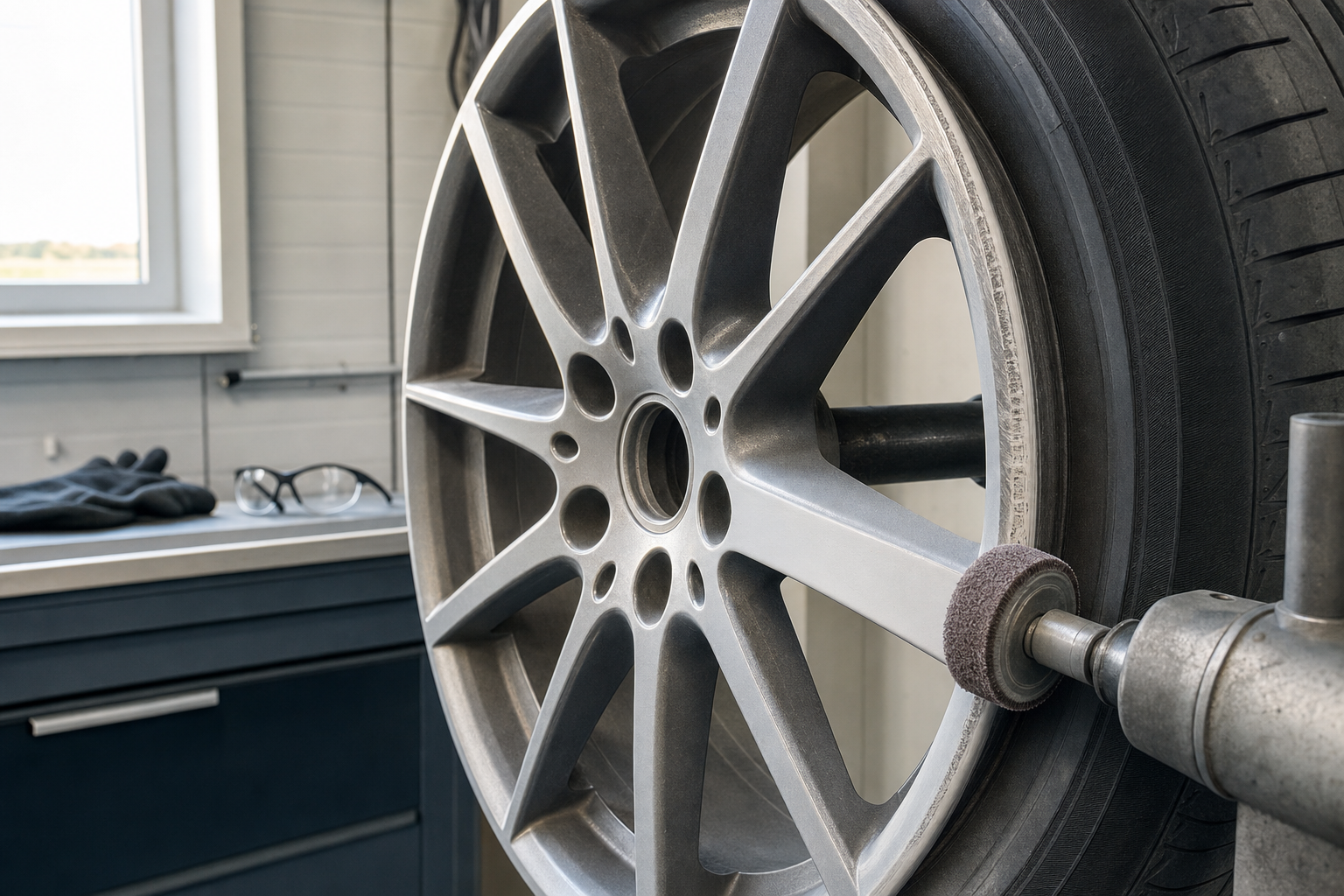 A car wheel being polished in a workshop, with safety glasses and gloves on a nearby workbench.