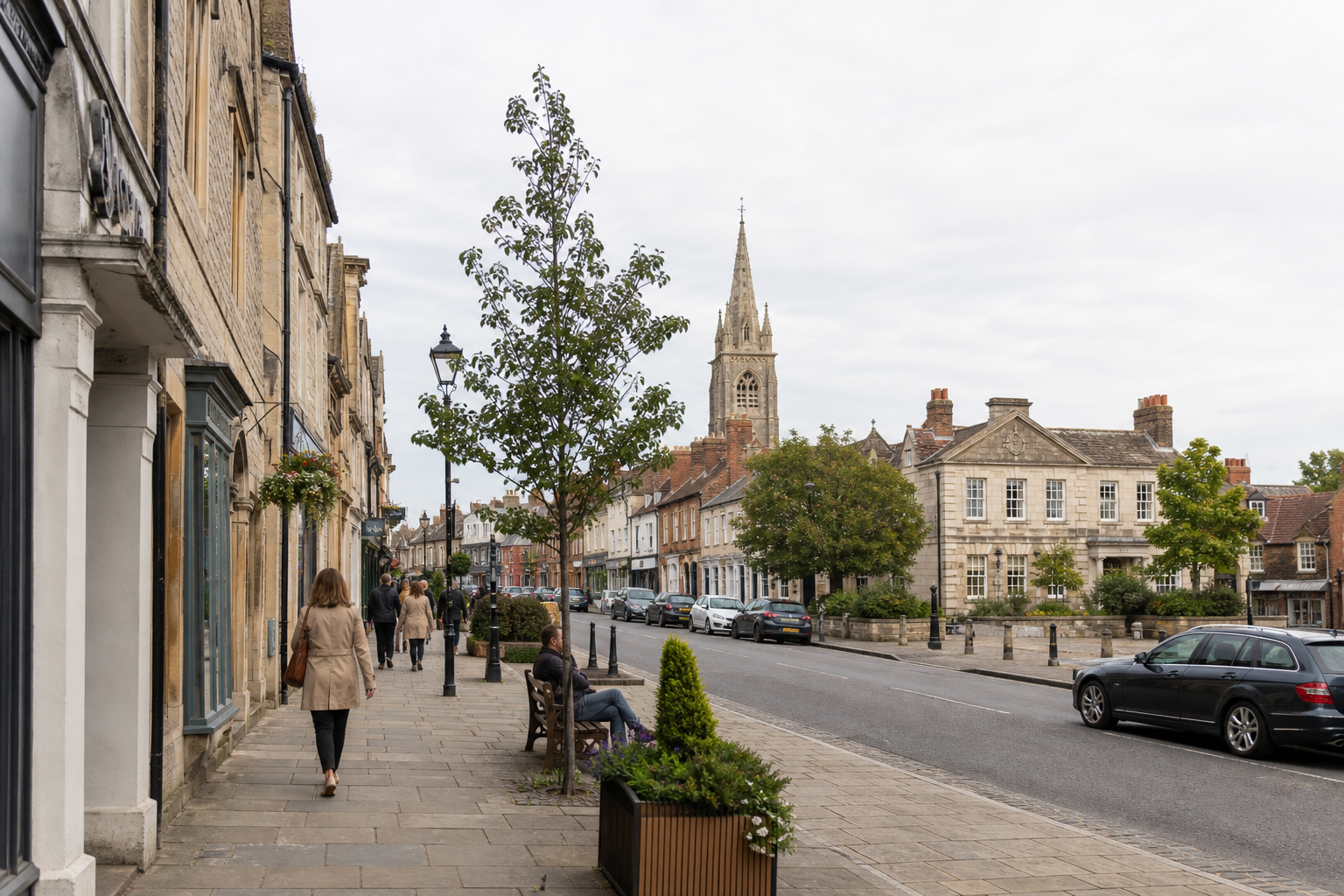A street scene with people walking, historic buildings, cars, and a prominent church spire in the background.