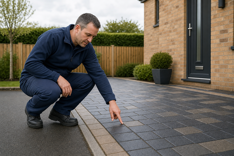 Man in blue uniform inspecting a patterned driveway outside a brick house.