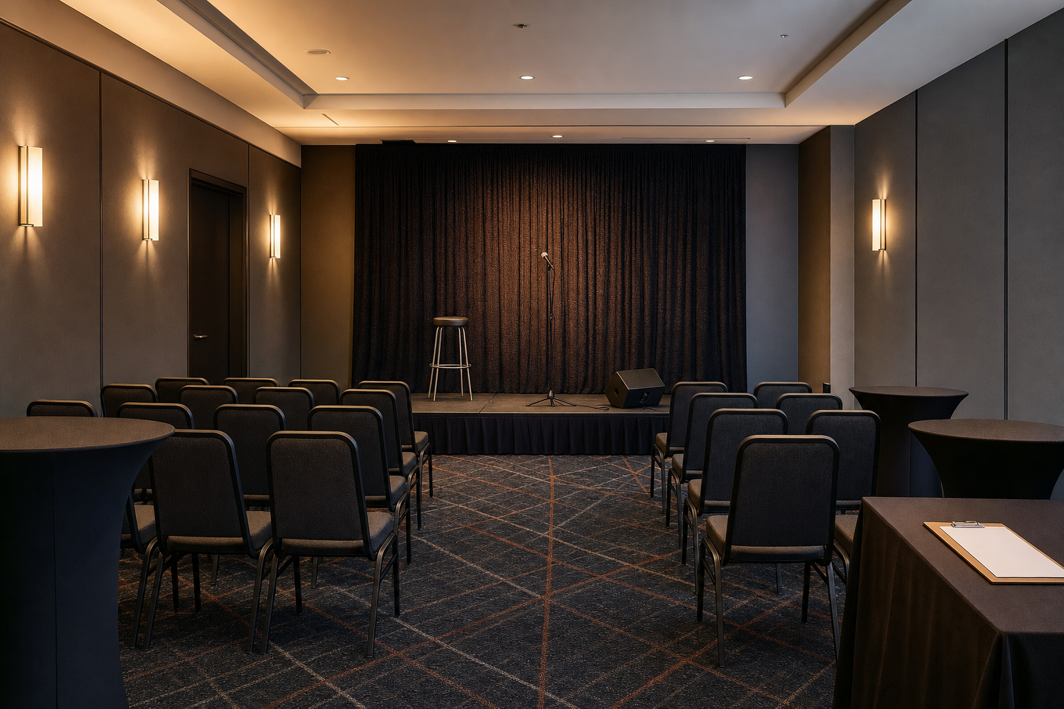 An empty conference room with rows of chairs facing a small stage with a microphone and stool.