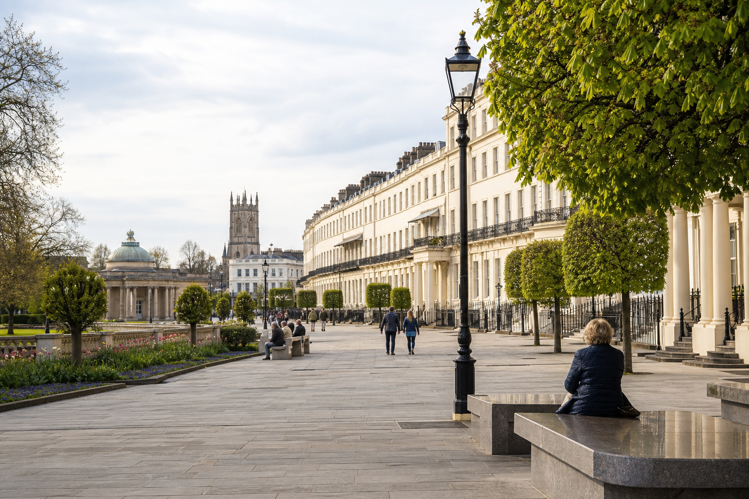 A person sits on a bench beside a tree-lined promenade with Georgian architecture and a church tower in the background.