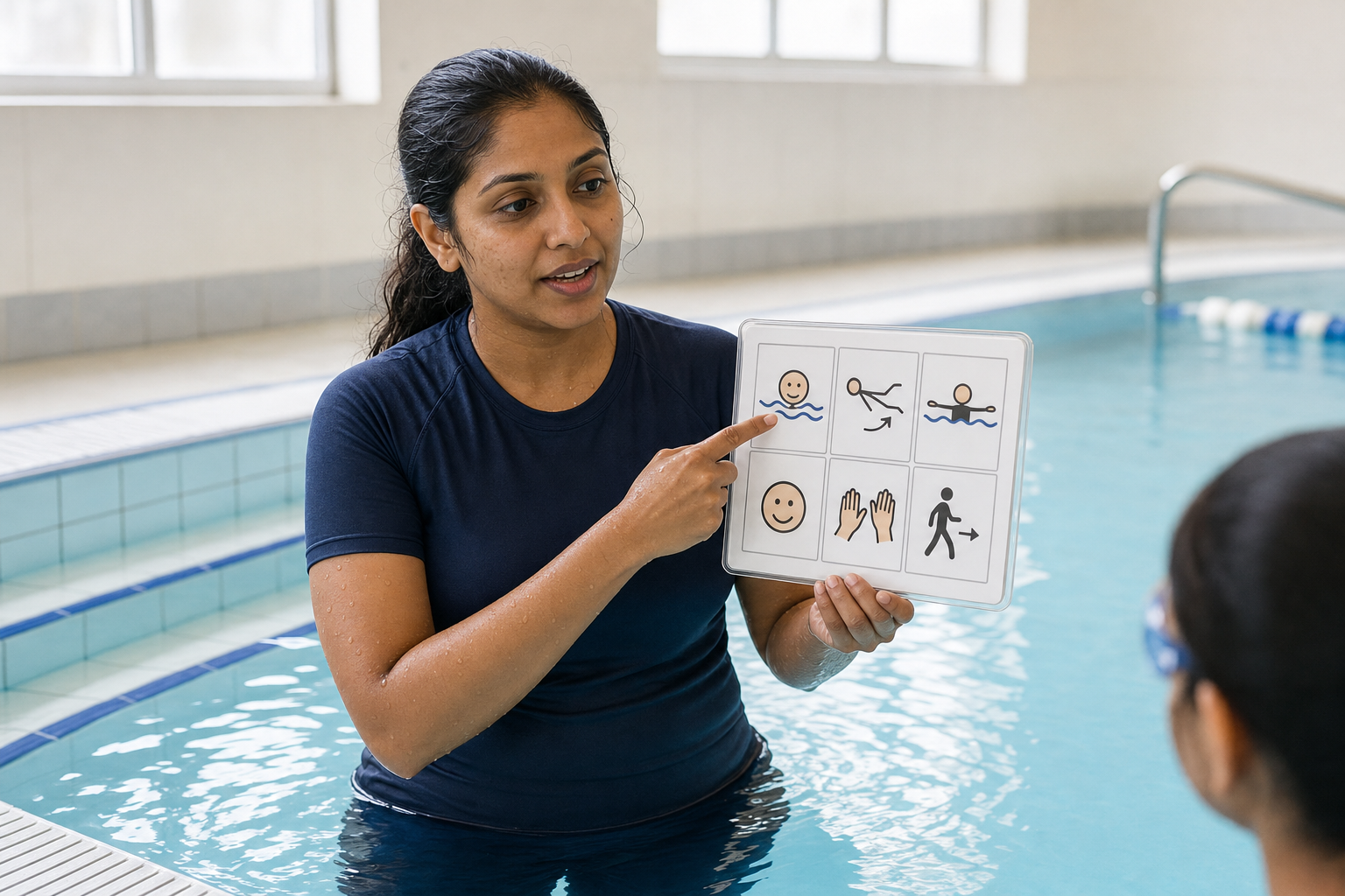 A swimming instructor in a pool uses a visual aid to teach a young swimmer.