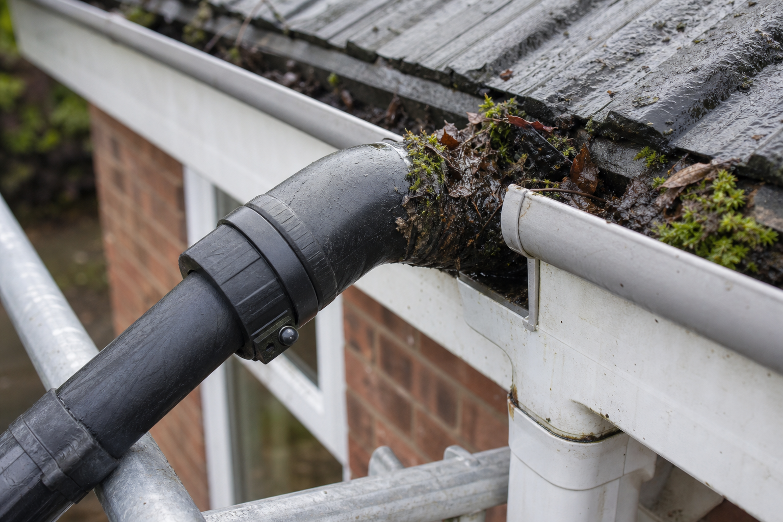 Gutter filled with leaves and debris causing a blockage next to a downpipe on a residential building.