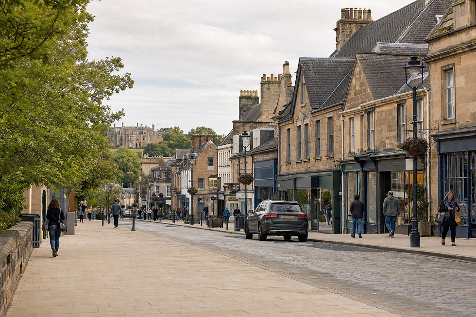 A scenic view of a historic street lined with shops and trees, with people walking and a car parked on the cobblestone road.