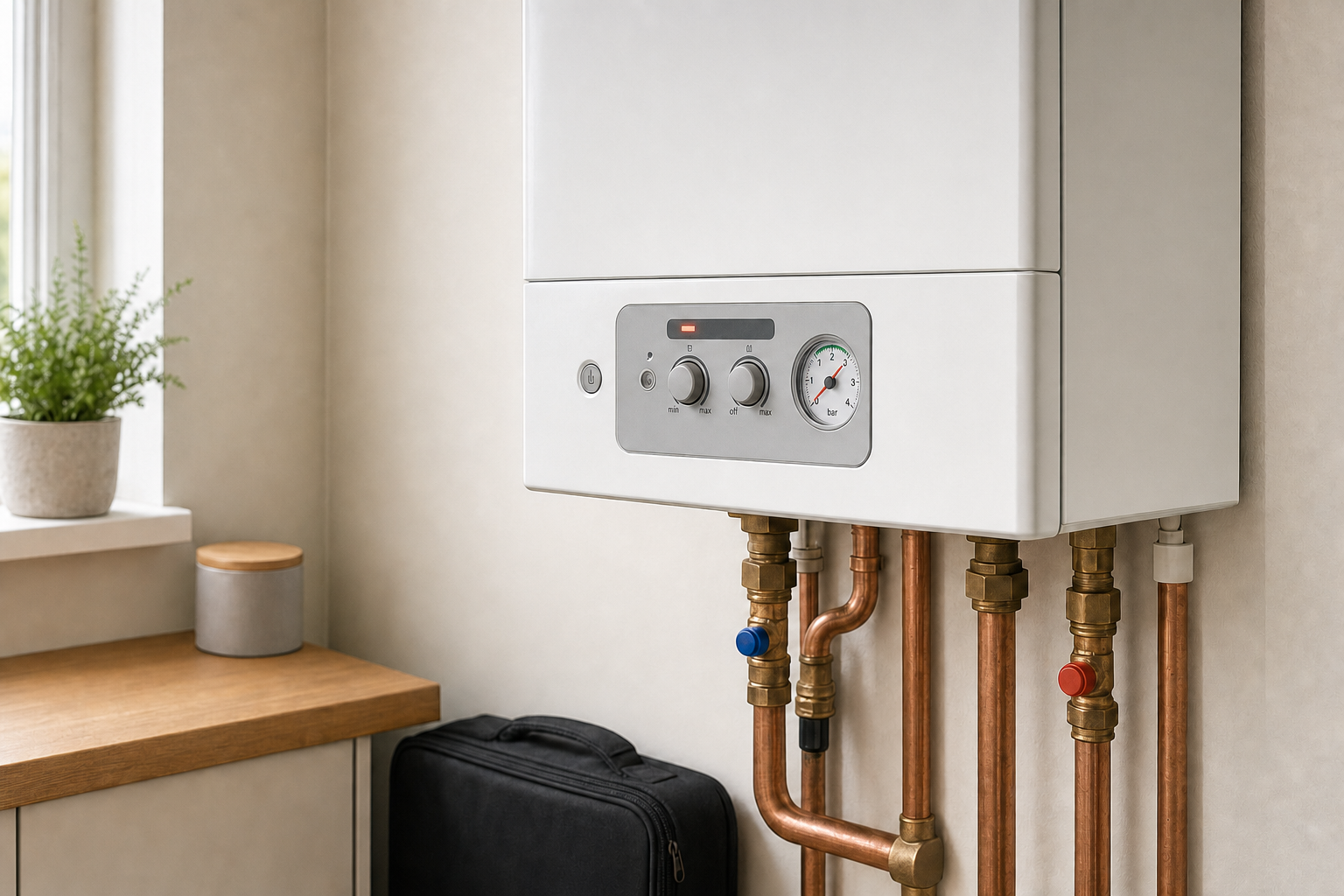 Wall-mounted boiler with copper pipes and control panel in a neatly organised utility space.