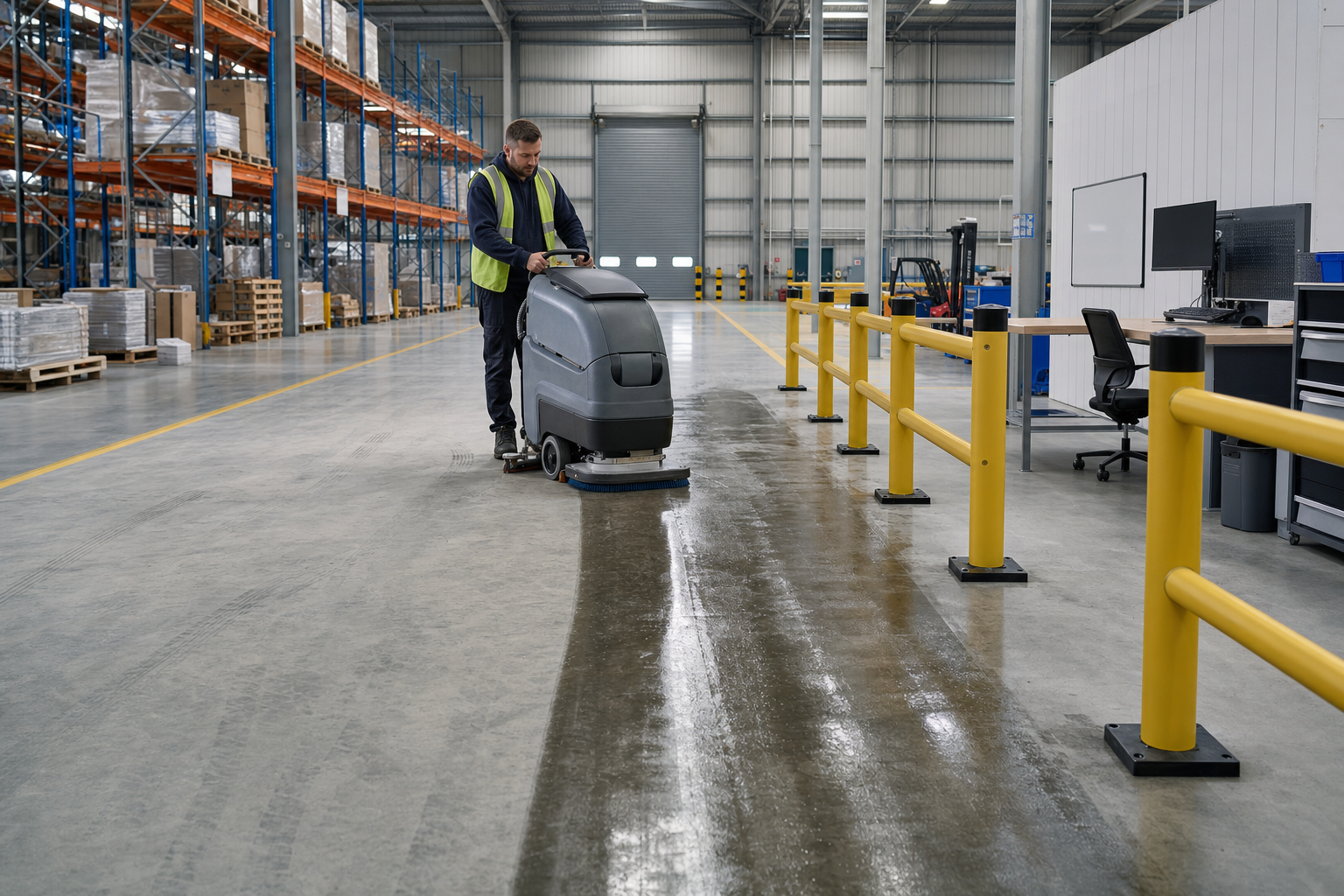 A worker operates an industrial floor scrubber in a spacious warehouse with high shelves and a workstation.